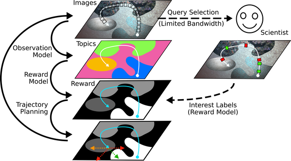Active Reward Learning for Co-Robotic Vision-Based Exploration in Bandwidth Limited Environments